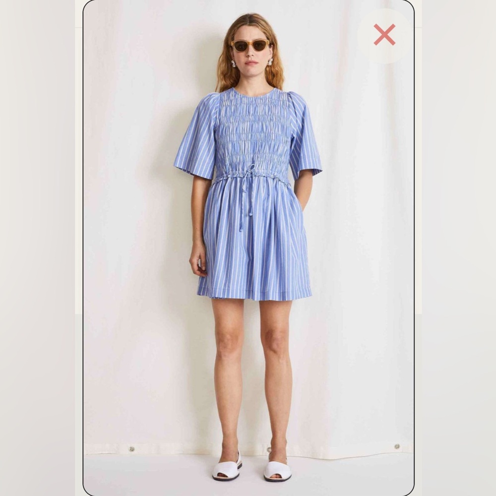 Apiece Apart Adorna Blue and White Stripe Smocked Mini Dress - Medium